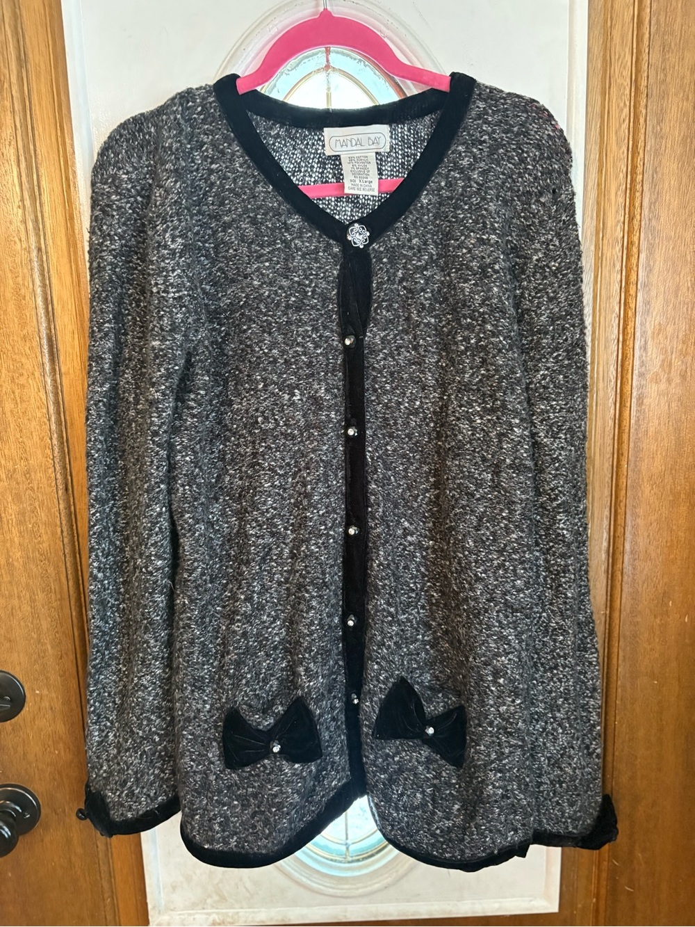 Mandal Bay Gray Bouclé Cardigan with Black Trim and Bow Accents